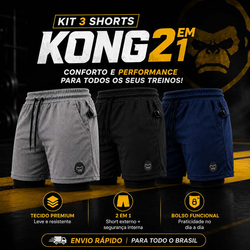 Kit 3 Shorts KONG 2 em 1 — Conforto, Praticidade e Versatilidade
